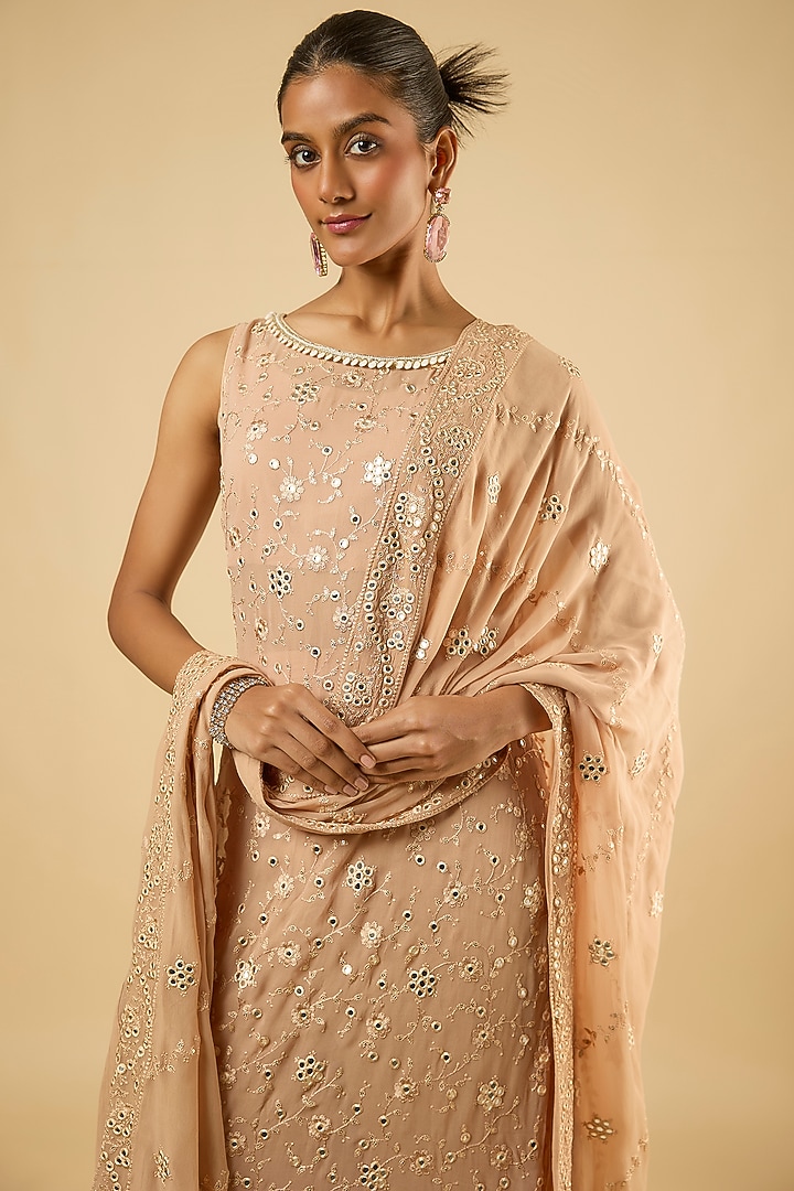 Champagne Georgette Mirror Embroidered Kurta Set by Dori & Co. at Pernia's Pop Up Shop