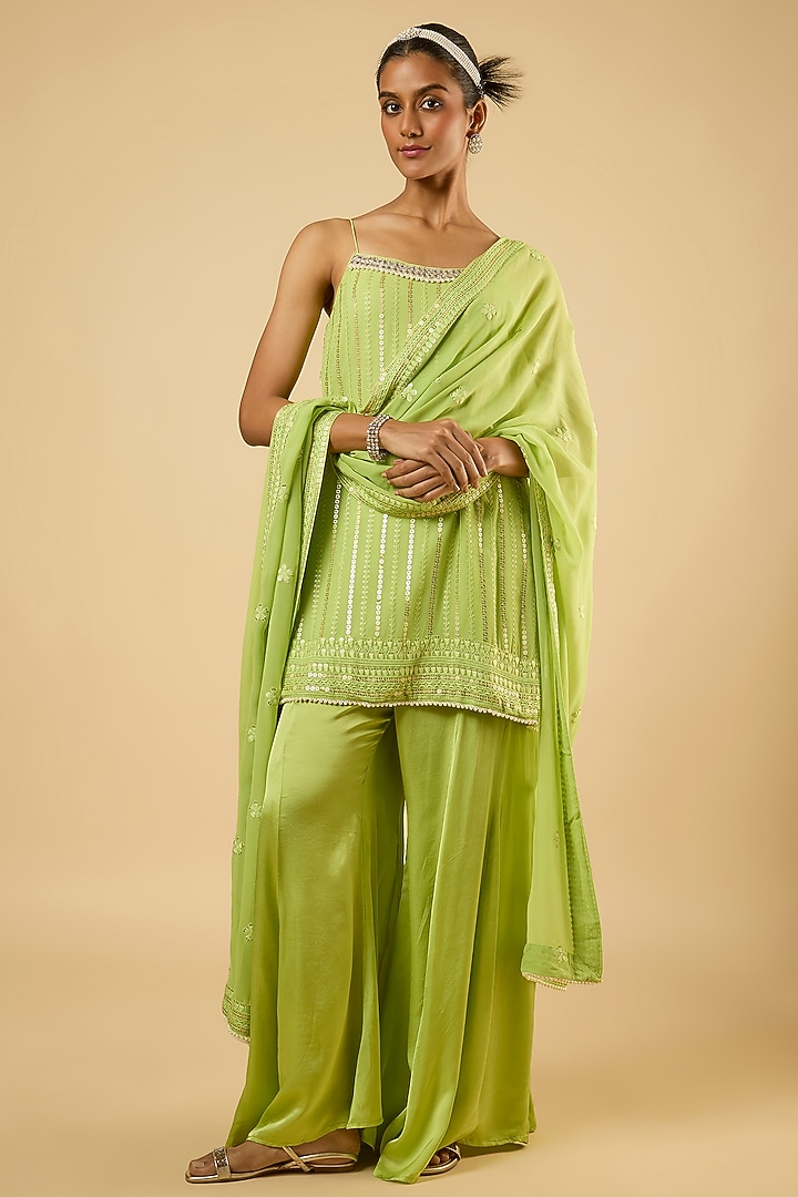 Jade Green Georgette Mirror Embroidered Kurta Set by Dori & Co. at Pernia's Pop Up Shop