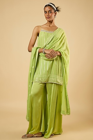 Jade Green Georgette Mirror Embroidered Kurta Set by Dori & Co.