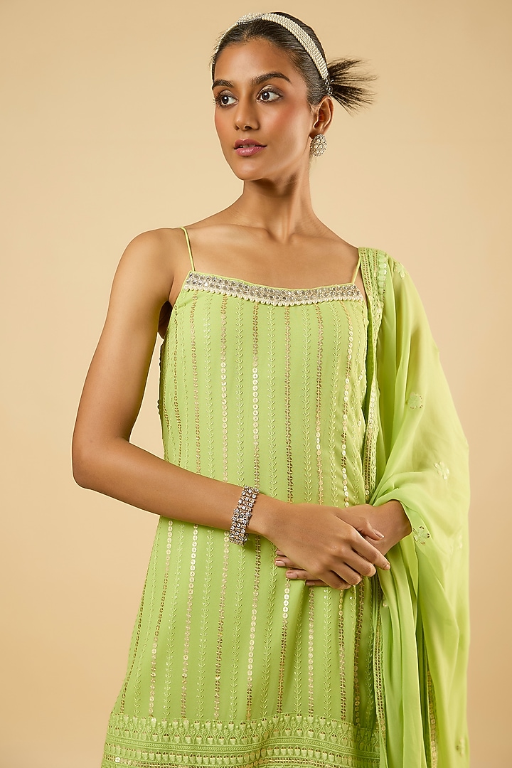 Jade Green Georgette Mirror Embroidered Kurta Set by Dori & Co. at Pernia's Pop Up Shop