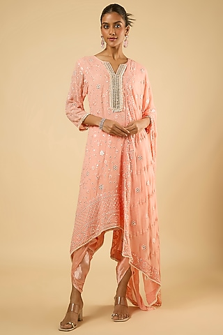 Peach Georgette Mirror Embroidered Kurta Set by Dori & Co.