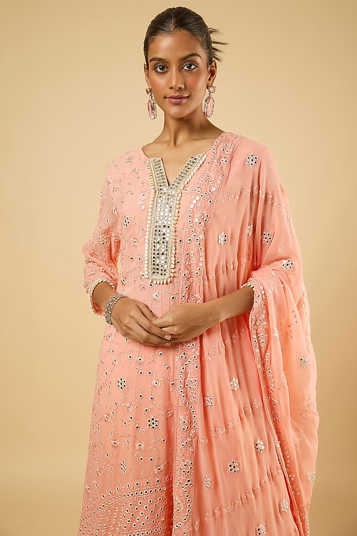 Peach Georgette Mirror Embroidered Kurta Set by Dori & Co. at Pernia's Pop Up Shop