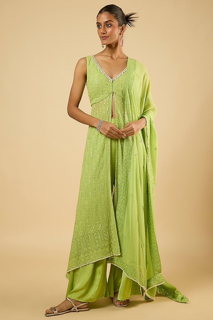 Jade Green Georgette Sequins Embroidered Kurta Set by Dori & Co. at Pernia's Pop Up Shop