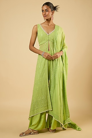 Jade Green Georgette Sequins Embroidered Kurta Set by Dori & Co.