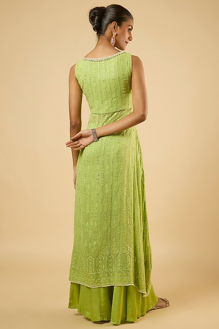 Jade Green Georgette Sequins Embroidered Kurta Set by Dori & Co. at Pernia's Pop Up Shop