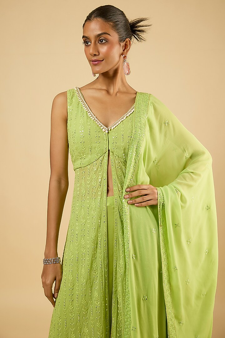 Jade Green Georgette Sequins Embroidered Kurta Set by Dori & Co. at Pernia's Pop Up Shop