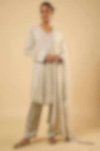 White Georgette Sequins Embroidered Asymmetric Kurta Set by Dori & Co. at Pernia's Pop Up Shop