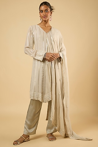 White Georgette Sequins Embroidered Asymmetric Kurta Set by Dori & Co.