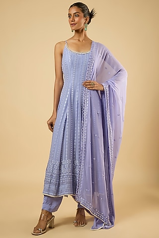 Lavender Georgette Mirror Embroidered Anarkali Set by Dori & Co.