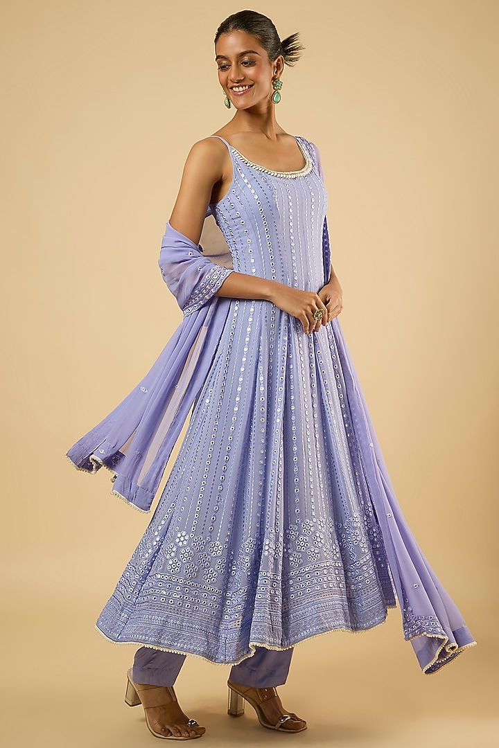 Lavender Georgette Mirror Embroidered Wedding Anarkali Set by Dori & Co. at Pernia's Pop Up Shop