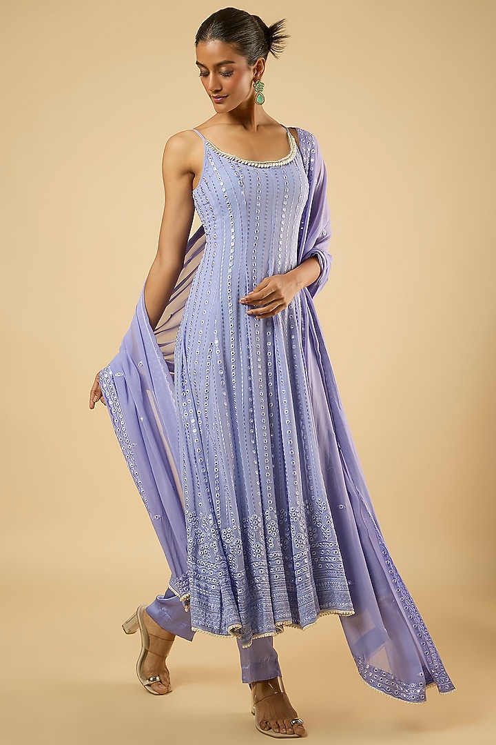 Lavender Georgette Mirror Embroidered Wedding Anarkali Set by Dori & Co. at Pernia's Pop Up Shop
