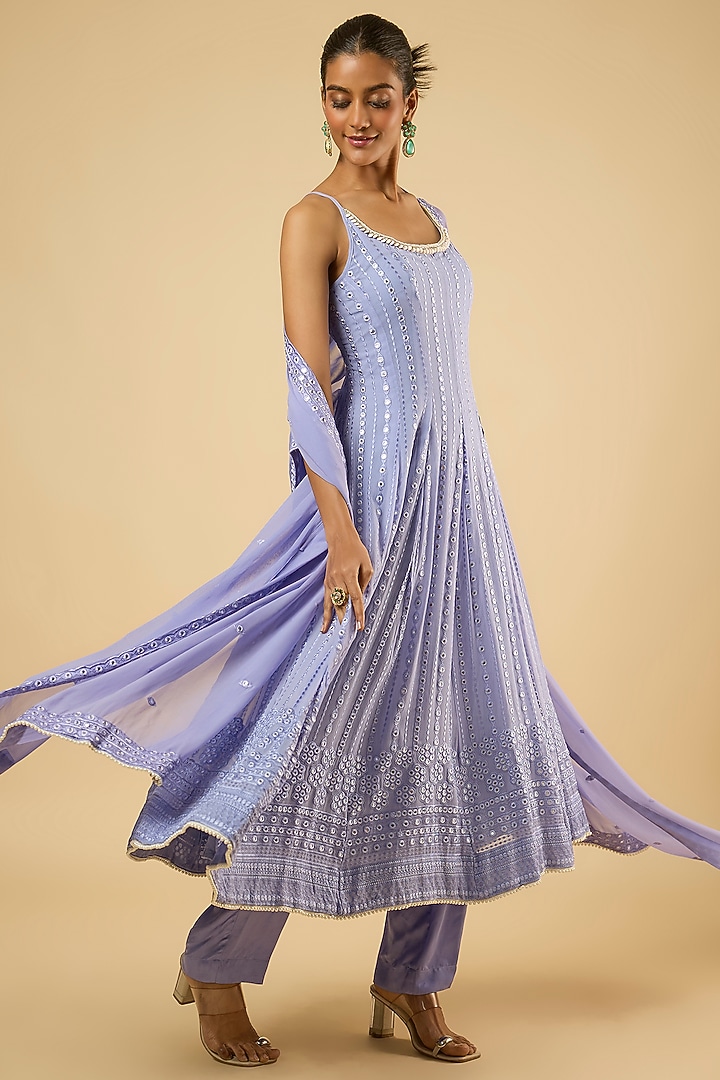 Lavender Georgette Mirror Embroidered Wedding Anarkali Set by Dori & Co. at Pernia's Pop Up Shop