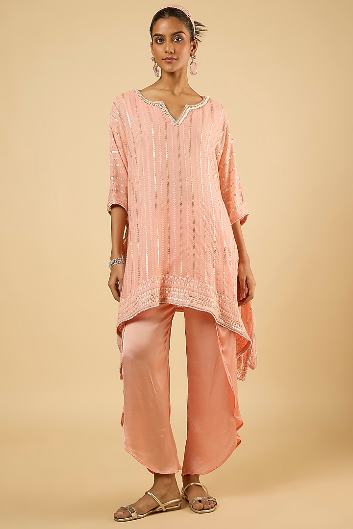 Peach Georgette Sequins Embroidered Kurta Set by Dori & Co. at Pernia's Pop Up Shop