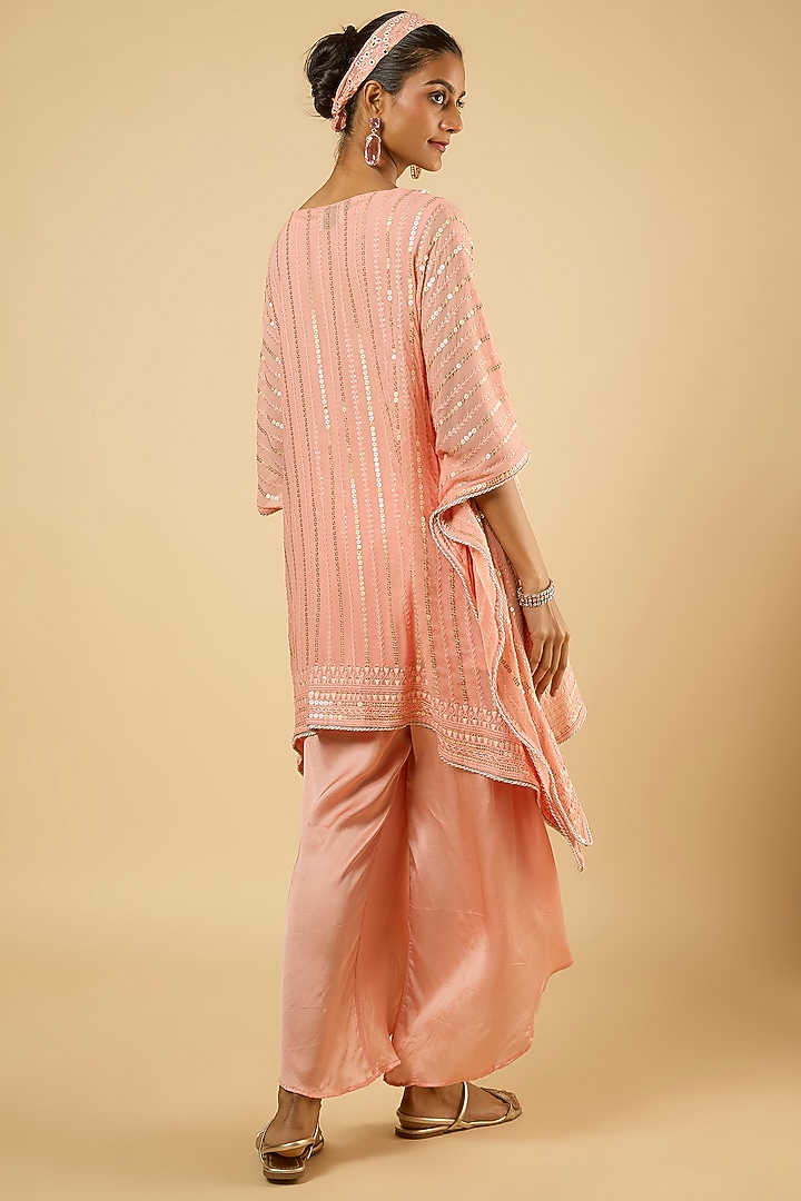 Peach Georgette Sequins Embroidered Kurta Set by Dori & Co. at Pernia's Pop Up Shop