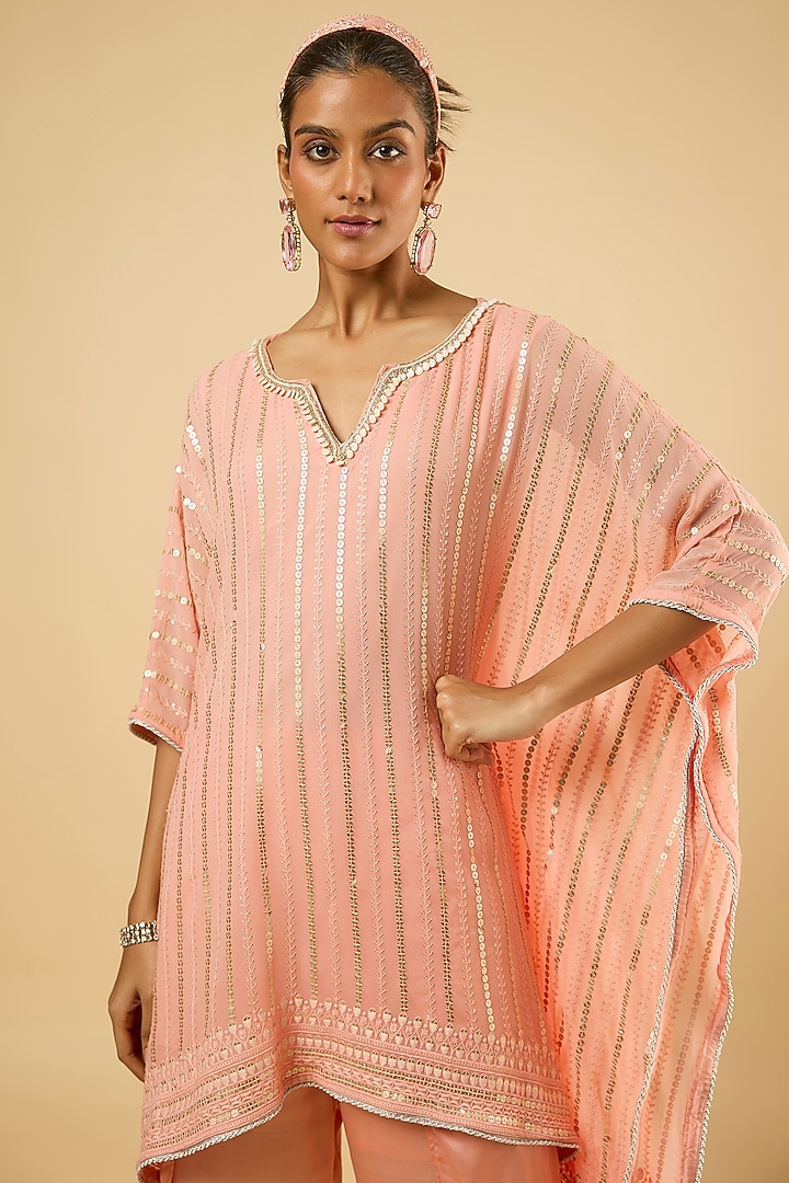 Peach Georgette Sequins Embroidered Kurta Set by Dori & Co. at Pernia's Pop Up Shop