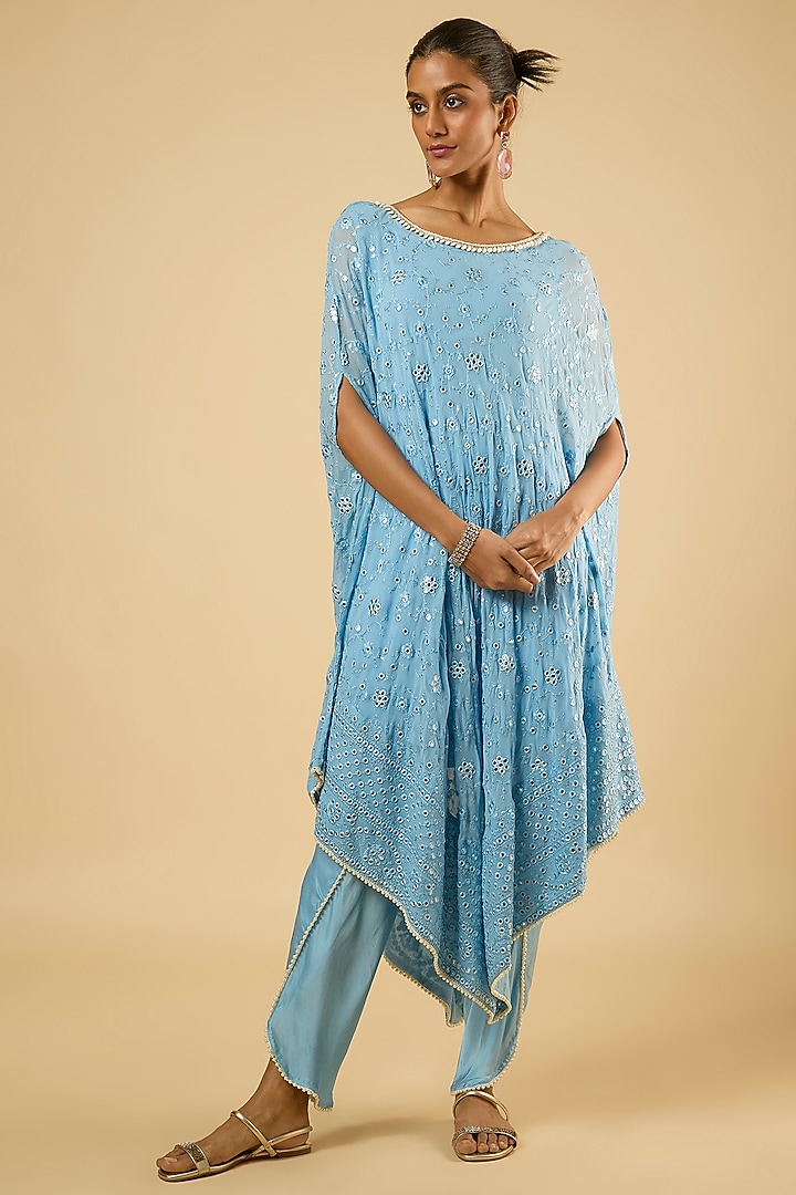 Aqua Blue Georgette Mirror Embroidered Kurta Set by Dori & Co. at Pernia's Pop Up Shop