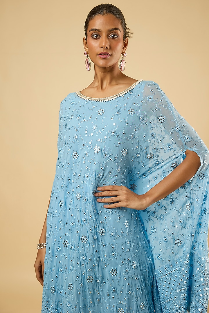 Aqua Blue Georgette Mirror Embroidered Kurta Set by Dori & Co. at Pernia's Pop Up Shop