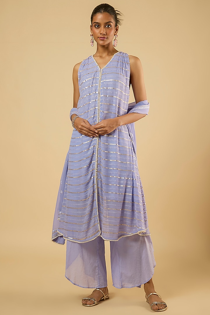 Lavender Georgette Sequins Embroidered Kurta Set by Dori & Co. at Pernia's Pop Up Shop