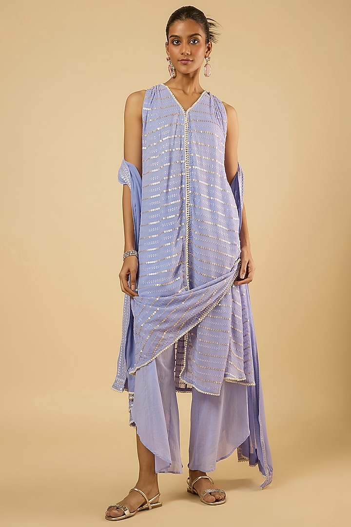 Lavender Georgette Sequins Embroidered Kurta Set by Dori & Co. at Pernia's Pop Up Shop