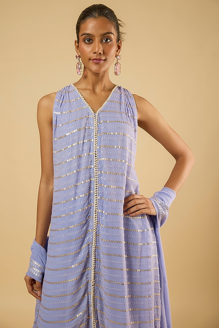 Lavender Georgette Sequins Embroidered Kurta Set by Dori & Co. at Pernia's Pop Up Shop