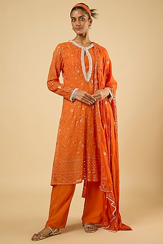 Tangerine Georgette Mirror Jaal Embroidered Kurta Set by Dori & Co.