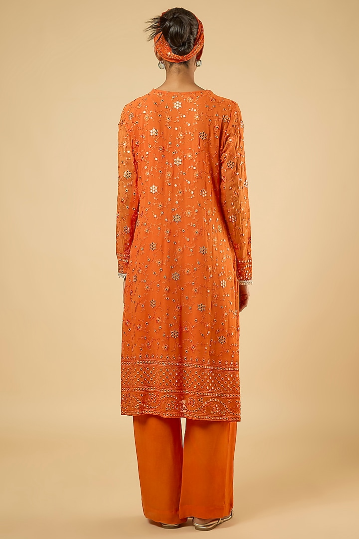 Tangerine Georgette Mirror Jaal Embroidered Kurta Set by Dori & Co. at Pernia's Pop Up Shop