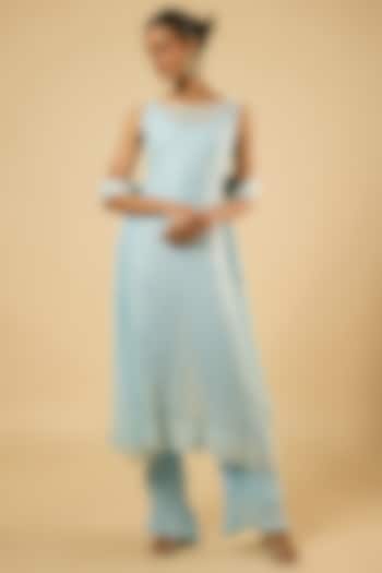 Powder Blue Georgette Sequins Embroidered Kurta Set by Dori & Co. at Pernia's Pop Up Shop