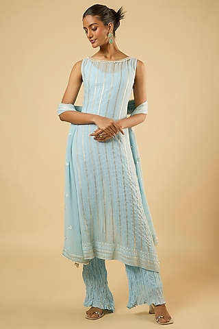 Powder Blue Georgette Sequins Embroidered Kurta Set by Dori & Co.