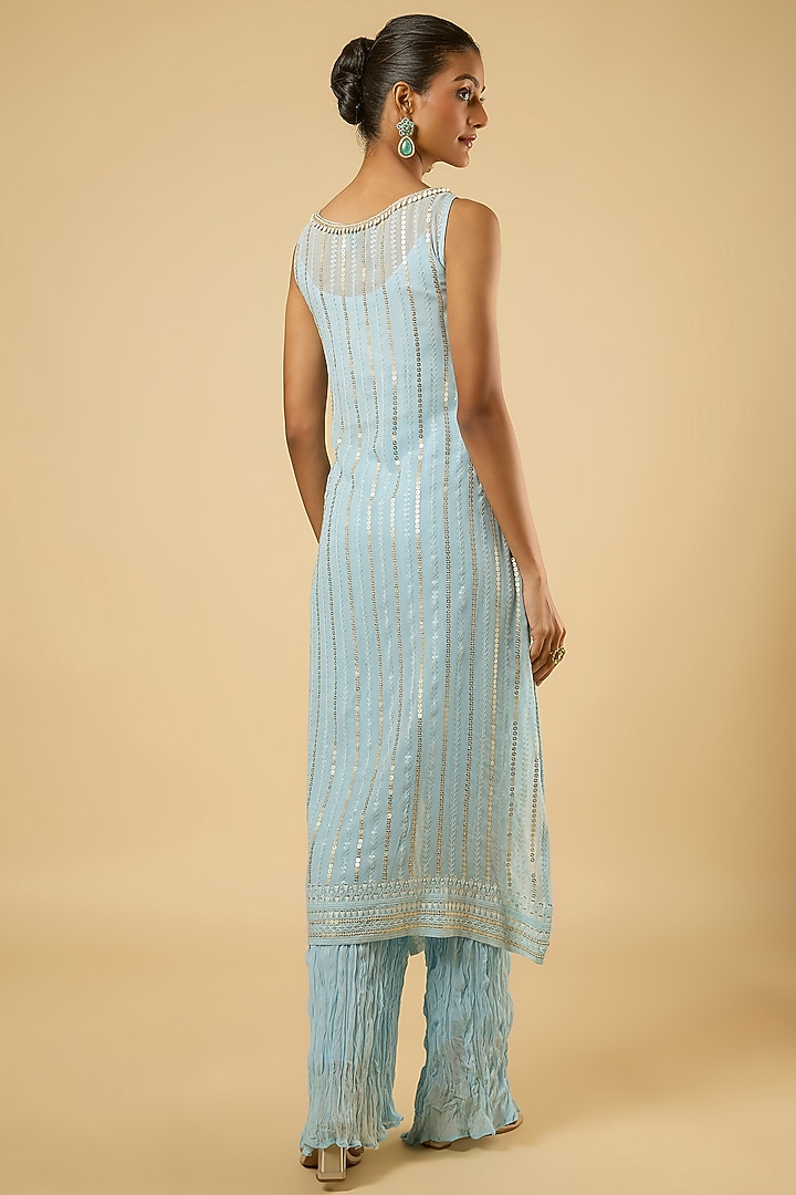 Powder Blue Georgette Sequins Embroidered Kurta Set by Dori & Co. at Pernia's Pop Up Shop