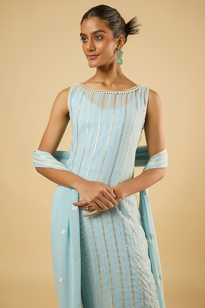 Powder Blue Georgette Sequins Embroidered Kurta Set by Dori & Co. at Pernia's Pop Up Shop
