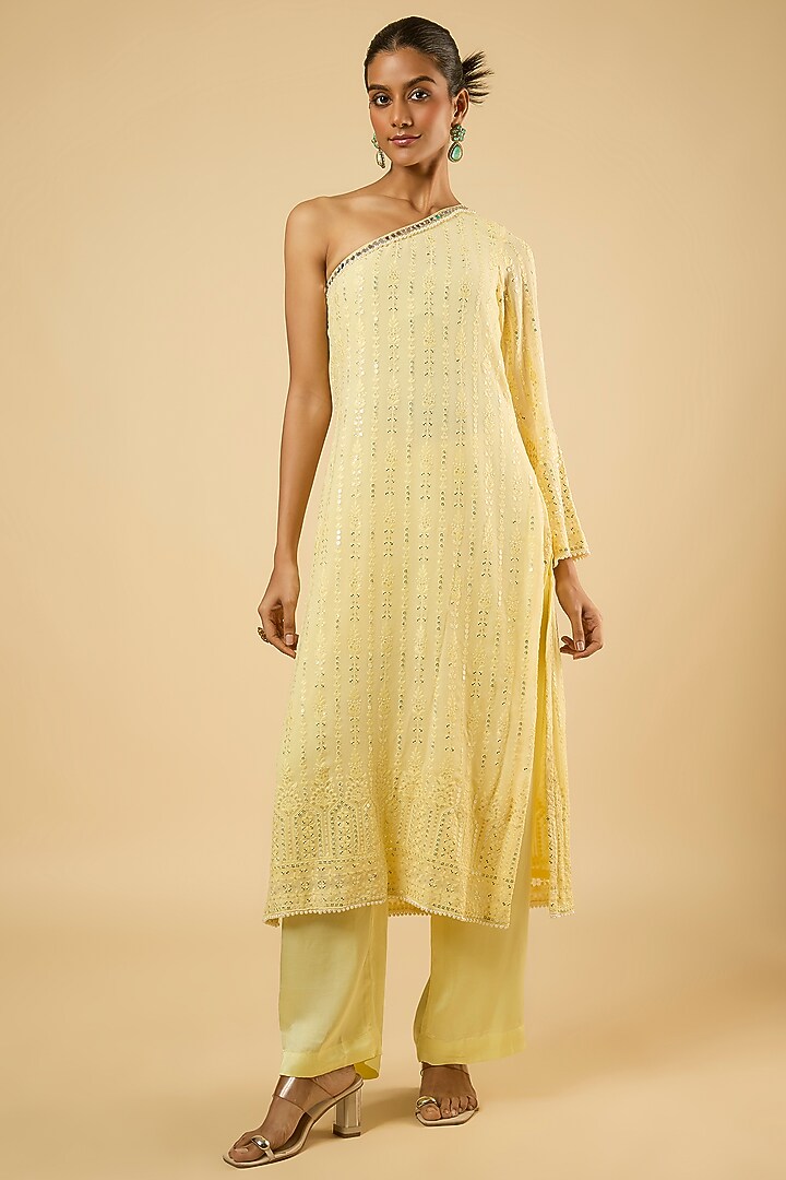 Butter Yellow Georgette Sequins Embroidered Kurta Set by Dori & Co. at Pernia's Pop Up Shop