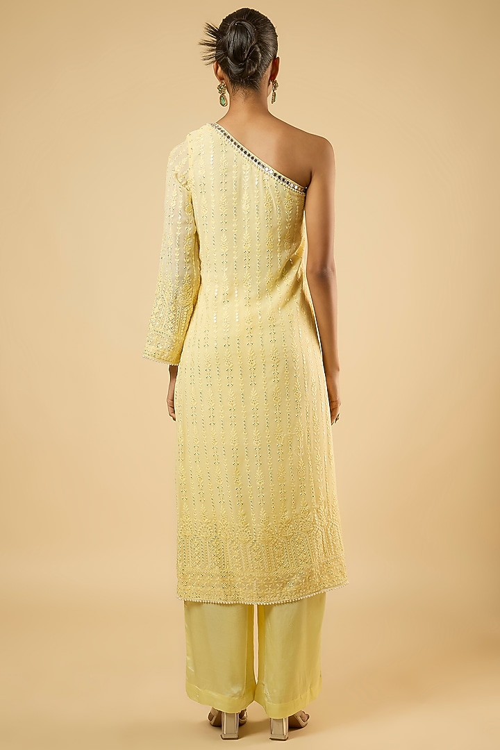 Butter Yellow Georgette Sequins Embroidered Kurta Set by Dori & Co. at Pernia's Pop Up Shop