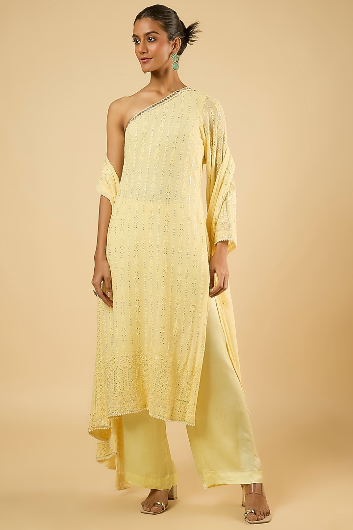 Butter Yellow Georgette Sequins Embroidered Kurta Set by Dori & Co. at Pernia's Pop Up Shop