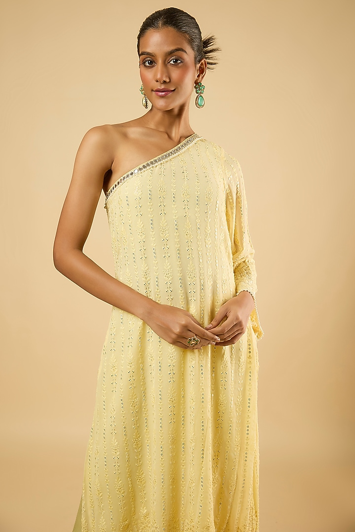 Butter Yellow Georgette Sequins Embroidered Kurta Set by Dori & Co. at Pernia's Pop Up Shop