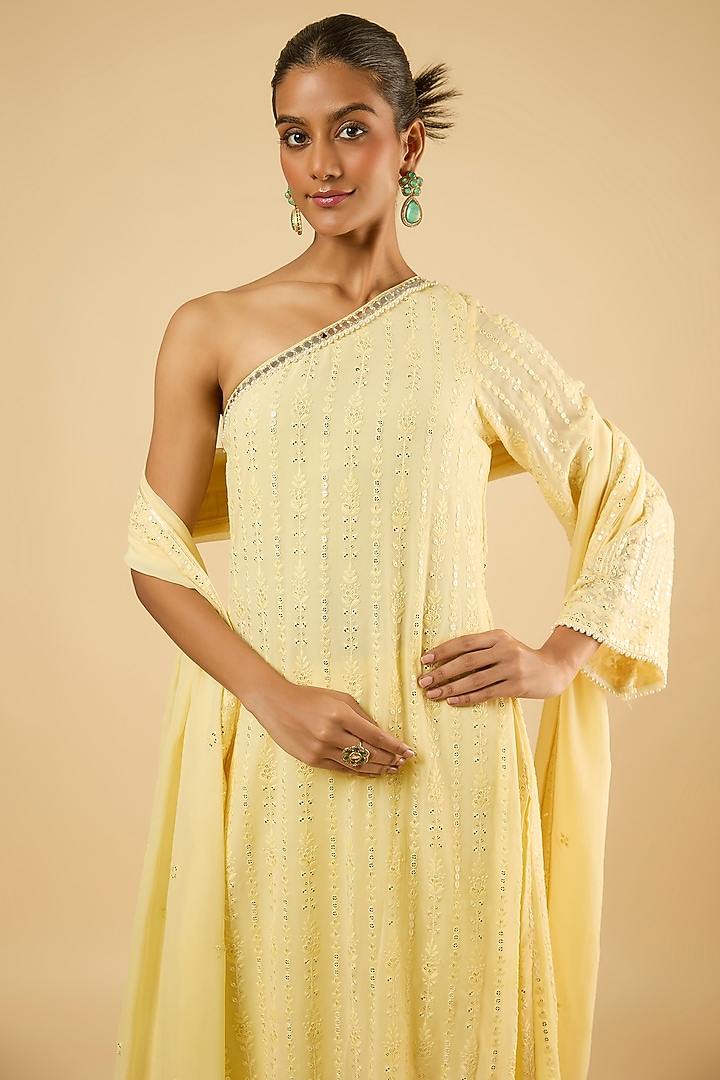 Butter Yellow Georgette Sequins Embroidered Kurta Set by Dori & Co. at Pernia's Pop Up Shop