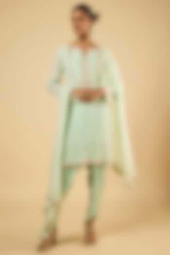 Mint Green Georgette Sequins Embroidered Kurta Set by Dori & Co. at Pernia's Pop Up Shop