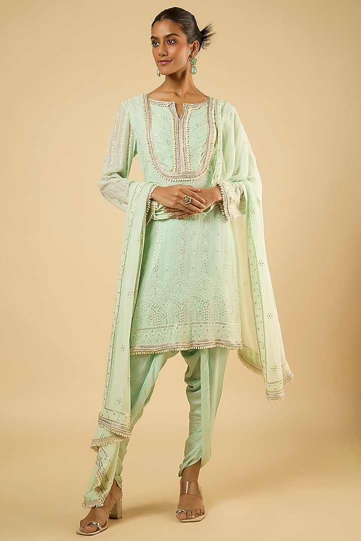 Mint Green Georgette Sequins Embroidered Kurta Set by Dori & Co. at Pernia's Pop Up Shop
