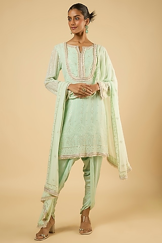 Mint Green Georgette Sequins Embroidered Kurta Set by Dori & Co.