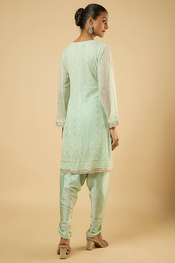 Mint Green Georgette Sequins Embroidered Kurta Set by Dori & Co. at Pernia's Pop Up Shop