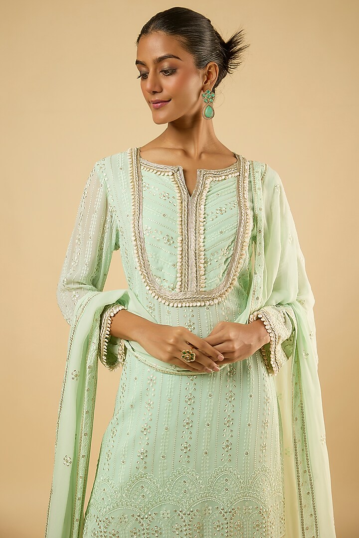 Mint Green Georgette Sequins Embroidered Kurta Set by Dori & Co. at Pernia's Pop Up Shop