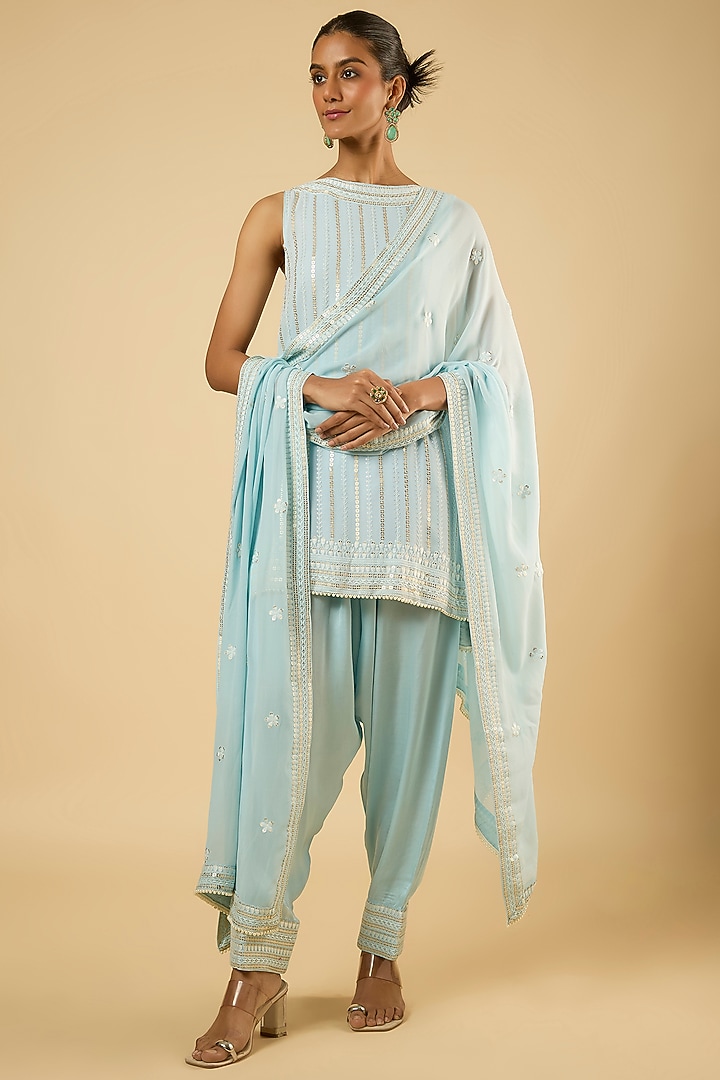 Powder Blue Georgette Sequins Embroidered Kurta Set by Dori & Co. at Pernia's Pop Up Shop