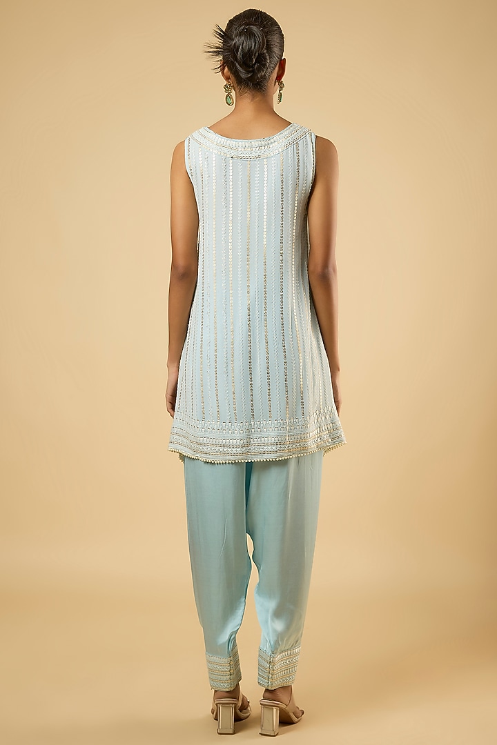 Powder Blue Georgette Sequins Embroidered Kurta Set by Dori & Co. at Pernia's Pop Up Shop