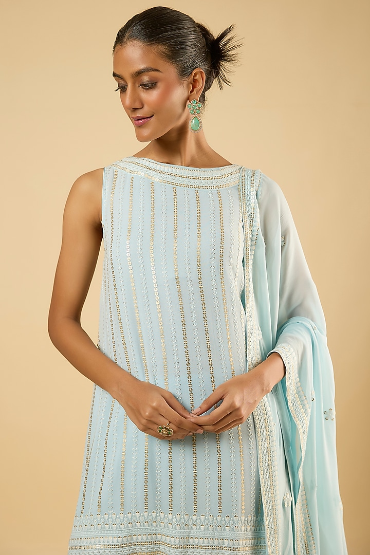 Powder Blue Georgette Sequins Embroidered Kurta Set by Dori & Co. at Pernia's Pop Up Shop