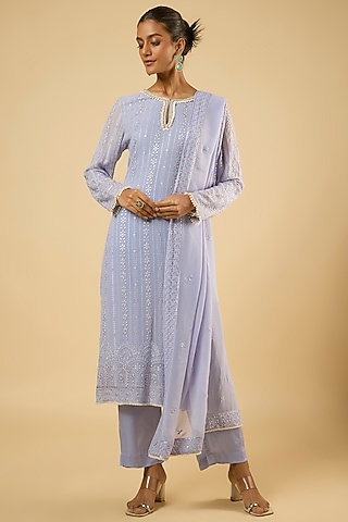 Lavender Georgette Sequins Embroidered Kurta Set by Dori & Co.