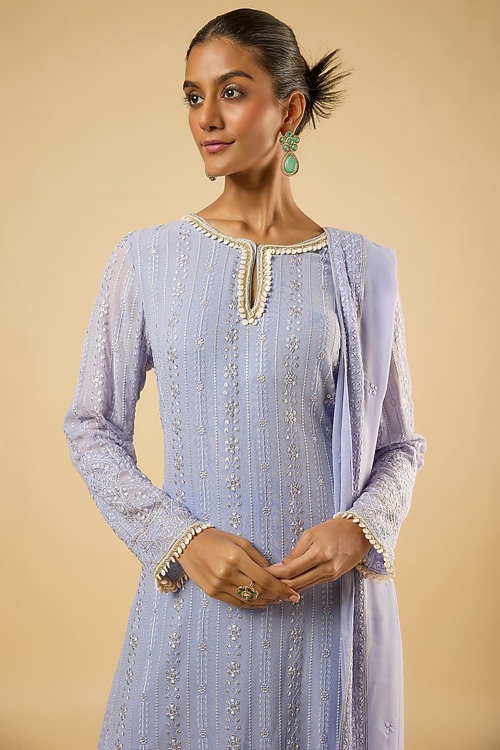 Lavender Georgette Sequins Embroidered Kurta Set by Dori & Co. at Pernia's Pop Up Shop