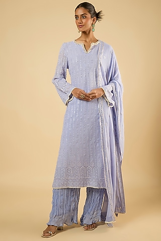 Lavender Georgette Sequins Embroidered Kurta Set by Dori & Co.