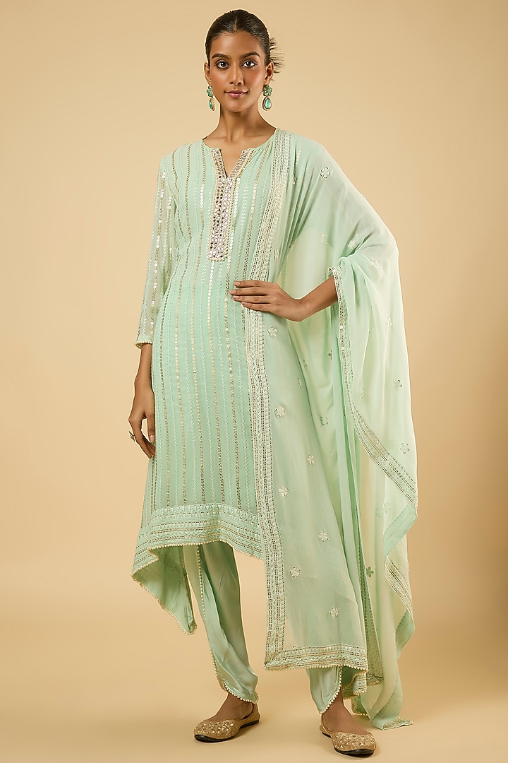Mint Green Georgette Sequins Embroidered Kurta Set by Dori & Co. at Pernia's Pop Up Shop