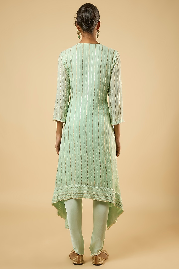 Mint Green Georgette Sequins Embroidered Kurta Set by Dori & Co. at Pernia's Pop Up Shop