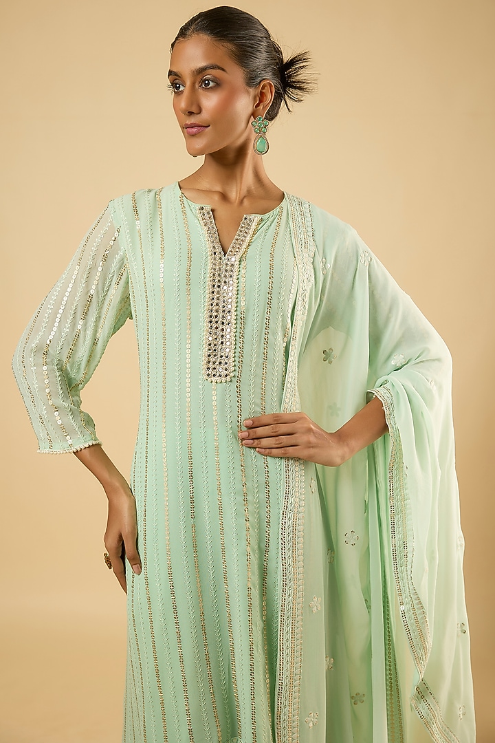 Mint Green Georgette Sequins Embroidered Kurta Set by Dori & Co. at Pernia's Pop Up Shop