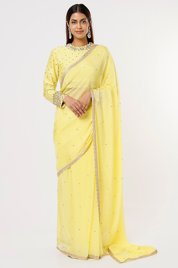 Yellow Embroidered Party Wear Saree Set by Blue Lotus at Pernia's Pop Up Shop